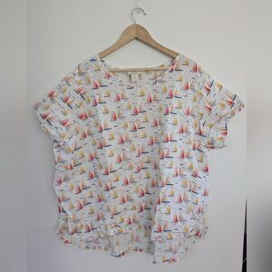 Cynthia Rowley 100% Linen Colorful Sailboat Print Blouse Short Sleeve Top 2X